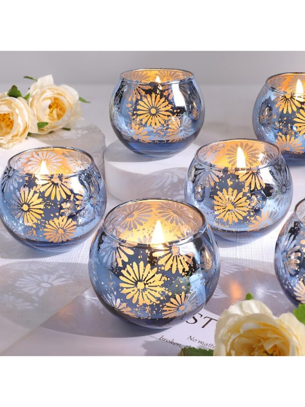 Set of 12 Blue Mercury Glass Votive Candle Holders - Elegant Home Decor